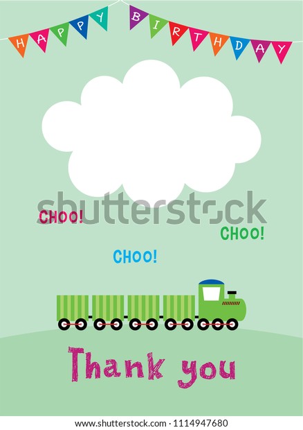 cute train\
cartoon happy birthday thank you card vector. birthday thank you\
card with train graphic\
illustration.