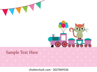 cute train and cat birthday greeting card vector