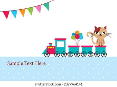 cute train and cat birthday greeting card vector