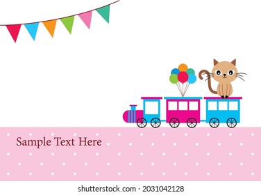 cute train and cat birthday greeting card vector