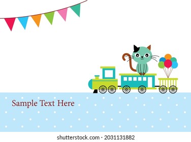 cute train and cat birthday greeting card vector