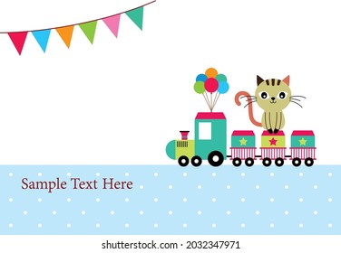 cute train and cat birthday greeting card vector