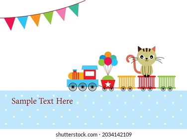 cute train and cat birthday greeting card vector