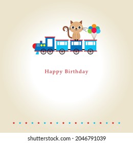 cute train and cat birthday greeting card vector