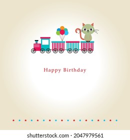 cute train and cat birthday greeting card vector