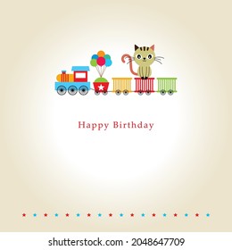 cute train and cat birthday greeting card vector