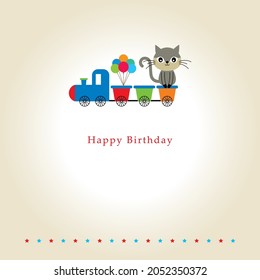 cute train and cat birthday greeting card vector