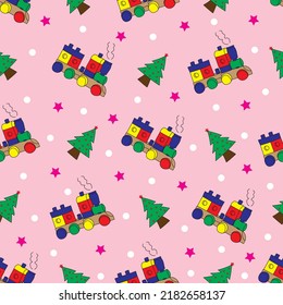 Tren y árbol de navidad en fondo rosa sin costura patrón diseño textil bebé