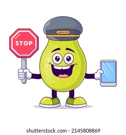 Cute train conductor pear cartoon vector illustration design. Fruit mascot character concept isolated vector