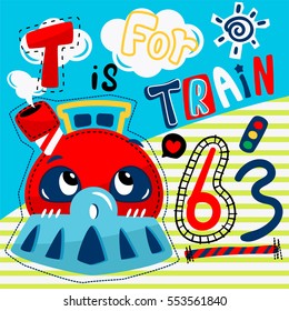 Cute train with text "t is for train" on striped background illustration vector. 