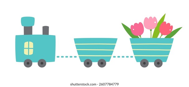Cute train with tulip flowers isolated on white background.