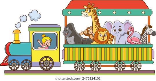 Linda Ilustración vectorial de tren con animales. Dibujos animados aislados divertidos animales felices paseo de juguete locomotora del tren y el arco iris de los vagones de Ilustración vectorial.