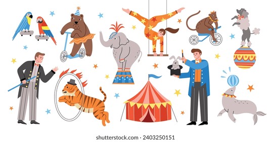 Animales de circo bien entrenados. Actores en disfraces, elementos de entretenimiento, saltos de tigre a través del anillo, carpa colorida, conjunto vectorial.eps
