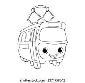 Cute tram vector illustration. Black line transport isolated on white background. Smiling trolley wagon icon. Children coloring book page. Black outline drawing. Urban transport logo. Railway car