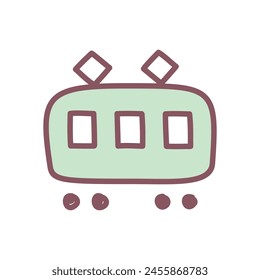 Cute tramway icon. Hand drawn illustration of a green tram streetcar wagon isolated on a white background. Kawaii sticker. Vector 10 EPS.