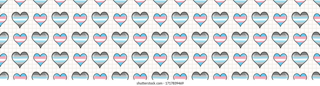 Cute Trans Demiboy Heart Cartoon Seamless Vector Border. Hand Drawn Isolated Pride Flag For LGBTQ Blog. Transgender Stripe Background All Over Print. Male Gender Community Tolerance Tile.