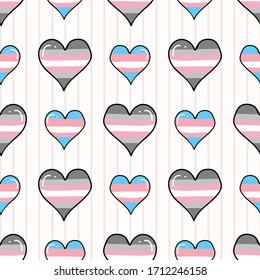 Cute trans demigirl heart cartoon seamless vector pattern. Hand drawn isolated pride flag for LGBTQ blog. Transgender stripe background all over print. Female gender community tolerance tile.