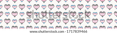 Cute trans demigirl heart cartoon seamless vector border. Hand drawn isolated pride flag for LGBTQ blog. Transgender stripe background all over print. Female gender community tolerance tile.