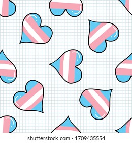 Cute transgender heart cartoon seamless vector pattern. Hand drawn isolated pride flag for LGBTQ blog. Gay love on stripe background all over print. Gender community tolerance tile.