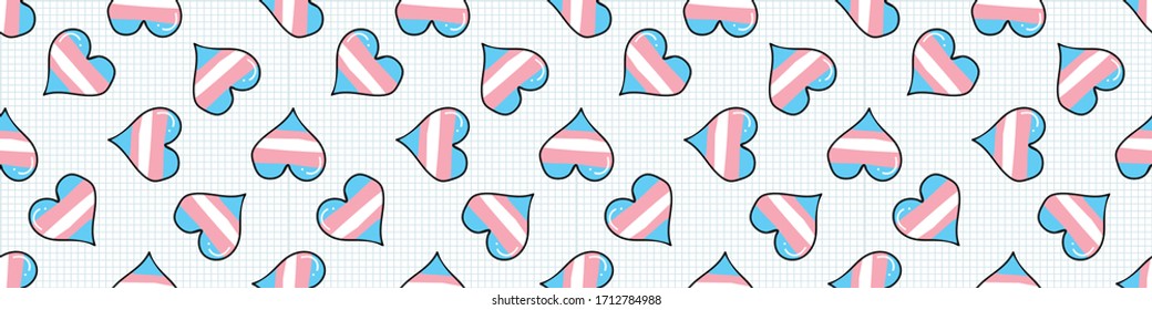 Cute transgender heart cartoon seamless vector border. Hand drawn isolated pride flag for LGBTQ blog. Gay love on stripe background all over print. Gender community tolerance tile.