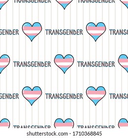 Cute transgender heart with text cartoon seamless vector pattern. Hand drawn isolated pride flag for LGBTQ blog. Gay love on stripe background all over print. Gender community tolerance tile.