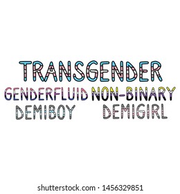 Cute transgender identities typography cartoon vector illustration motif set. Hand drawn isolated LGBTQ gender fluid pride elements clipart for trans blog, text graphic, gender web buttons.