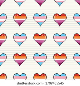 Cute transgender lesbian heart cartoon seamless vector pattern. Hand drawn isolated pride flag for LGBTQ blog. Gay love on stripe background all over print. Female gender community tolerance tile. 