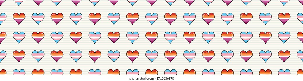 Cute transgender lesbian heart cartoon seamless vector border. Hand drawn isolated pride flag for LGBTQ blog. Gay love on stripe background all over print. Female gender community tolerance tile. 