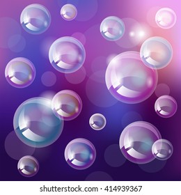 Cute transparent soap bubbles on a purple blur background. Vector illustration