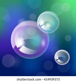 Cute transparent soap bubbles on a blue-green background. Vector illustration
