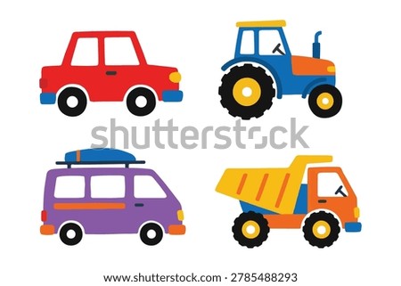 Cute transport and cars element set cartoon vector illustration