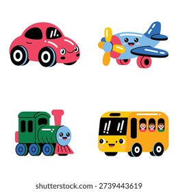 Cute transport illustrations, school bus, toy train, smiling car, happy airplane, kids vehicle day poster, classroom traffic safety session