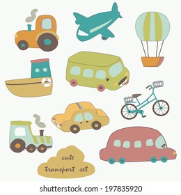 Cute transport set with tractor, plain, balloon, ship, bus, taxi car, locomotive and bicycle in cartoon style