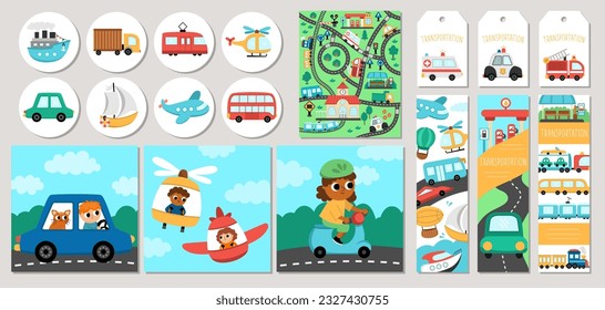 Cute transportation cards set with bus, car, boat, truck. Vector cartoon road trip square, round, vertical print templates. Transport design for tags, ads with bike, plane, signs, train, road map