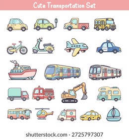 Colección linda de los vehículos de la historieta del Vector del sistema del Transporte en estilo del garabato del pastel. Perfecto para el diseño de niños, pegatinas, educación, carteles, App, Web, Elementos de interfaz de usuario e ilustraciones de vivero.