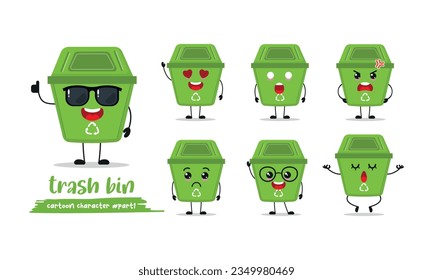 cute trash bin cartoon with many expressions. dustbin different activity pose vector illustration flat design set with sunglasses.