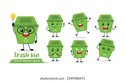 cute trash bin cartoon with many expressions. dustbin different activity pose vector illustration flat design set.