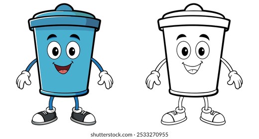 Cute Trash Bin Mascot Cartoon Coloring Page For Kids Printable