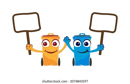 Cute Trash Can Cartoon Mascot Character Holding A Blank Sign. Recycle bin with orange and blue color. Isolated vector illustration