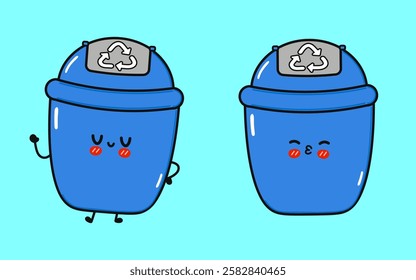 Cute Trash Can Characters. Playful Blue Recycling Bin Cartoon