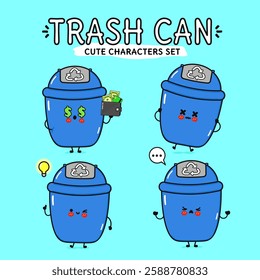 Cute Trash Can Characters Set. Cute Trash Can Mascot Collection