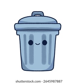 Ilustração de lata de lixo bonito com um rosto sorridente em tons azuis. Lixeira desenhada à mão em estilo cartoon, perfeita para campanhas ecológicas, educação sobre reciclagem, adesivos ou material didático para crianças