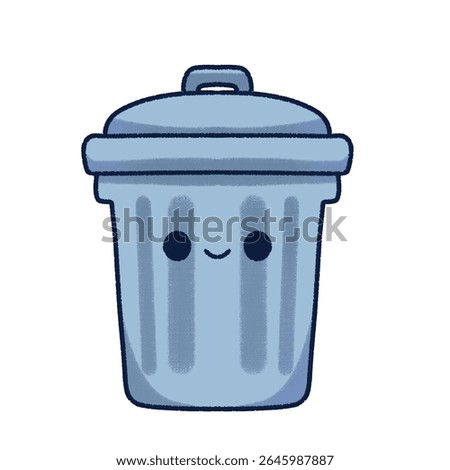 Cute trash can illustration with a smiling face in blue tones. Hand-drawn, cartoon-style garbage bin, perfect for eco-friendly campaigns, recycling education, stickers, or children’s learning material
