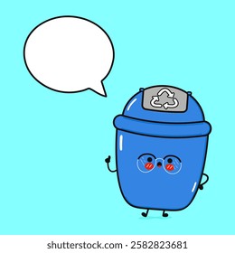 Cute Trash Can with Speech Bubble. Cheerful Recycling Bin Cartoon