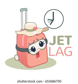 Cute travel bag asleep because of jet lag vector illustration