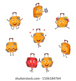 Cute travel bag, orange, red suitcase character with arms, legs and face emotion set. Funny male luggage character. Tourism, adventure and vacation symbol. Vector flat illustration