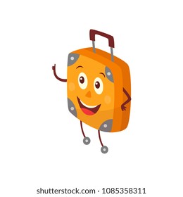 Cute travel bag, orange suitcase character with arms, legs and face emotion. Funny male luggage character shows thumbs up gesture smiling. Tourism, adventure vacation symbol. Vector flat illustration
