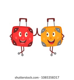 Cute travel bag, suitcase character with arms, legs and face emotion. Funny male orange luggage give high five to red character smiling. Tourism adventure and vacation symbol. Vector flat illustration