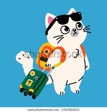 Cute Travel Cat with Suitcase and Backpack Cartoon Illustration