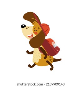 Cute travel dog. Funny cartoon puppy in cap with backpack is hiking. Animal likes adventure, independent pet is walking, active lifestyle. Hand drawn vector illustration isolated on white. Flat design